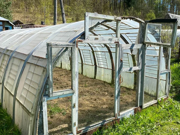 国内で新鮮な野菜を栽培するためのガラスと古い窓で作られた自家製温室 — ストック写真