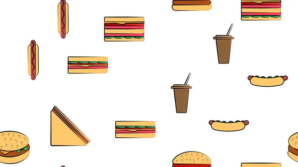 레스토랑 카페를 맛있는 상품들의 아이콘들의 끝없는 햄버거 샌드위치 핫도그 — 스톡 벡터