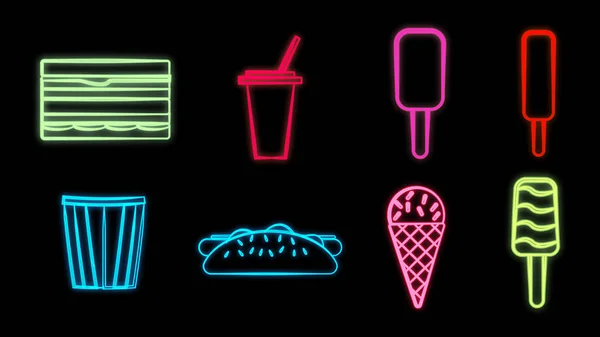 Neon Bright Glowing Multicolored Set Eight Icons Delicious Food Snack - Stok Vektor