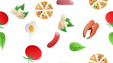 Bir restoran kafesi için lezzetli yiyecek ve atıştırmalık ikonlarının sonsuz beyaz deseni: pizza, fıstık, balık, salam, domates, otlar, yumurta. Arkaplan.