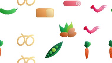 Lokanta kafesi için hazırlanmış leziz yiyecek ve atıştırmalık ikonlarının sonsuz beyaz deseni: fındık, salatalık, bezelye, havuç, sosis, ekmek, karides, kraker. Arkaplan.