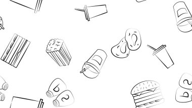 Lokanta kafesi için sınırsız yiyecek ve atıştırmalık ikonlar: yumurta, mantar, balık, konserve yiyecek, soğan, pizza, yeşillik. Arkaplan.