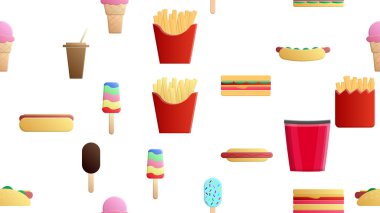 Endless white seamless pattern of delicious food and snack items icons set for restaurant bar cafe: fries, sandwich, ice cream, popcorn, drink. The background.