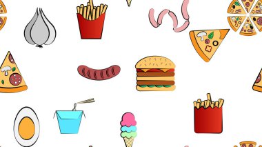 Endless white seamless pattern from a set of icons of delicious food and snacks items for a restaurant bar cafe: burger, pizza, fries, ice cream, soda, noodles, sausage, garlic. The background.