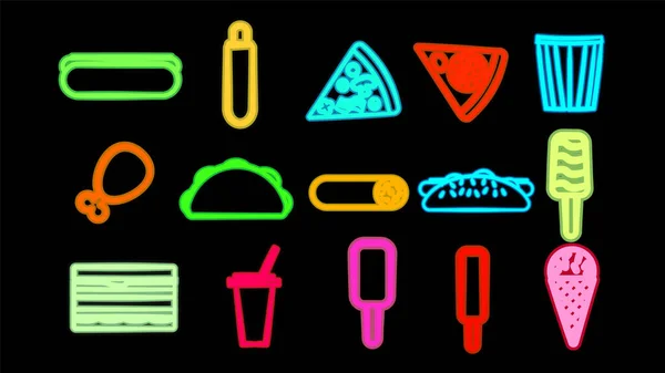 Neon Bright Glowing Multicolored Set Icons Delicious Food Snacks Items - Stok Vektor