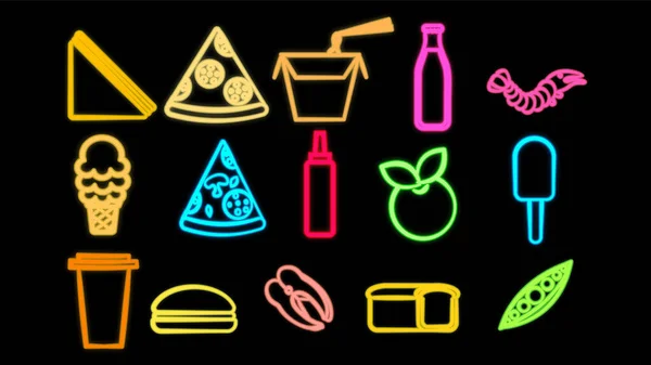 Neon Bright Glowing Multicolored Set Icons Delicious Food Snacks Items — Stok Vektör