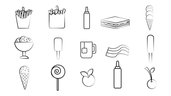 Schwarz Weißes Set Mit Symbolen Für Lebensmittel Und Snacks Für — Stockvektor