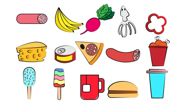 Set Icons Items Delicious Food Snacks Cafe Bar Restaurant White — Archivo Imágenes Vectoriales