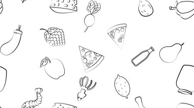 Lokanta kafesi için belirlenmiş siyah ve beyaz sınırsız yiyecek ve atıştırmalık ikonlar: karides, pizza, üzüm, turp, soda, patlıcan, kalamar, elma, peynir, limon. Arkaplan.