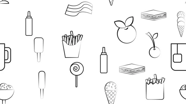 Schwarz Weiß Endlose Nahtlose Muster Von Lebensmitteln Und Snacks Symbole — Stockvektor