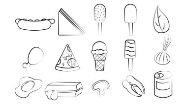 Restoran kafesi için siyah-beyaz yemek ve abur cubur ikonları: sosisli sandviç, sandviç, pizza, dondurma, yumurta, balık. Arkaplan.