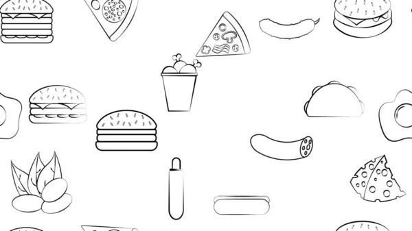 Černobílé Nekonečné Bezešvé Vzor Potravin Občerstvení Ikony Sada Pro Restaurace — Stockový vektor