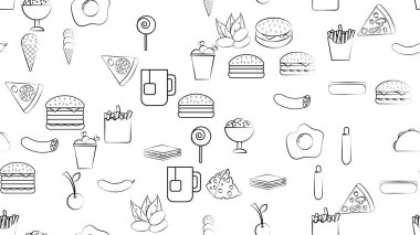 Lokanta kafesi için hazırlanmış siyah ve beyaz sınırsız yiyecek ve atıştırmalık ikonlar: burger, fındık, yumurta, sosis, dondurma, pizza, burrito, şeker, çay. Arkaplan.