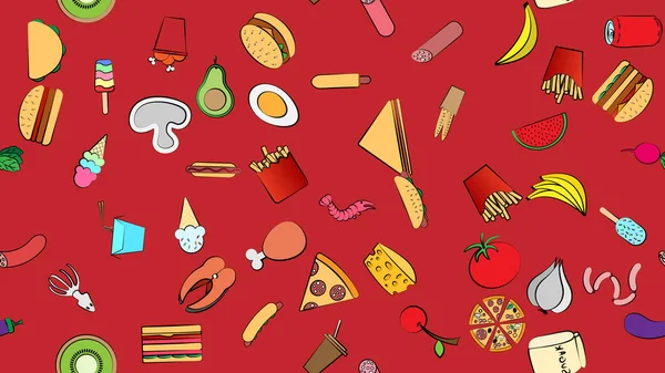 Endless red seamless pattern of delicious food and snack items icons set for restaurant bar cafe: fast food, cheat meat, burger, pizza, hot dog, sandwich, fruits, vegetables. The background.