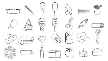 Restoran kafesi için 28 adet yiyecek ve atıştırmalık ikonu: hot dog, dondurma, yeşiller, tavuk, patates, yumurta, pizza, balık, konserve yiyecek, yumurta. Arkaplan.