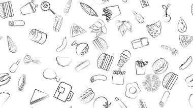 Lokanta kafesi için hazırlanmış siyah ve beyaz sınırsız yiyecek ve atıştırmalık eşyalar: fast food, aldatma, et, burger, pizza, hot dog, sandviç, meyve, sebze. Arkaplan.