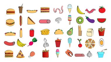 Beyaz arka planda bir restoran barı için 45 ikon lezzetli yiyecek ve atıştırmalık: fast food, hile, et, burger, pizza, hot dog, sandviç, meyve, sebze.