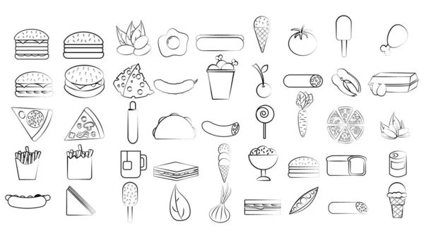 Black White Set Food Snack Items Icons Restaurant Bar Cafe — Stock Vector
