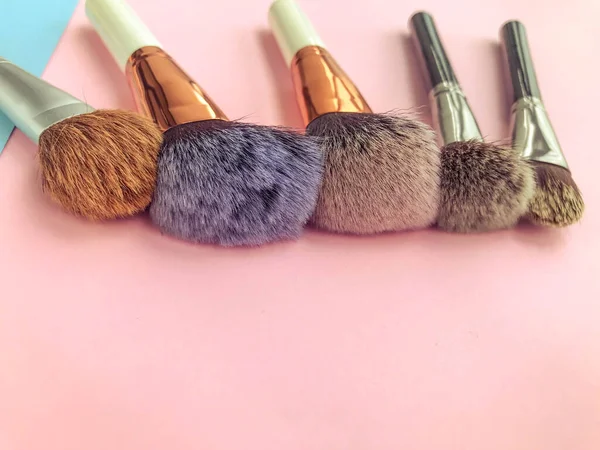 brushes lie on a bright background. fluffy brushes with natural bristles for applying textures to the face. powder, blush and contour brushes.