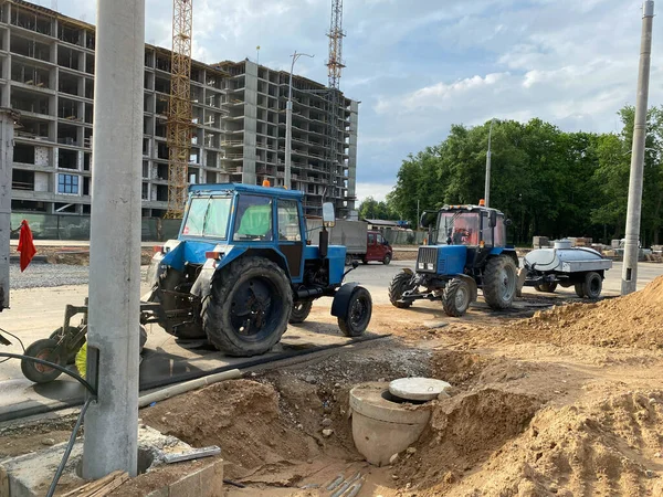 Grandes Tractores Azules Gran Alcance Pavimentación Asfalto Máquinas Reparación Carreteras — Foto de Stock