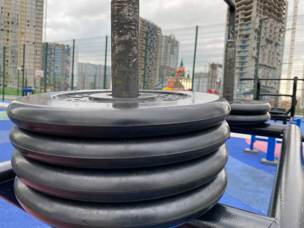 New Modern Blue Sports Fitness Workout Area Exercise Equipment Outdoors — Stock Photo, Image