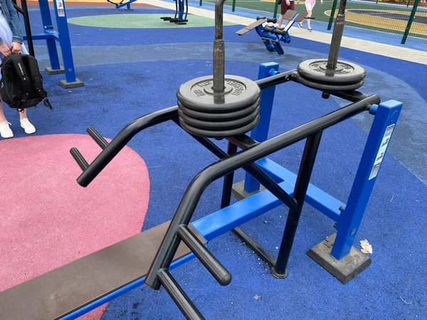 New Modern Blue Sports Fitness Workout Area Exercise Equipment Outdoors — Stock Photo, Image