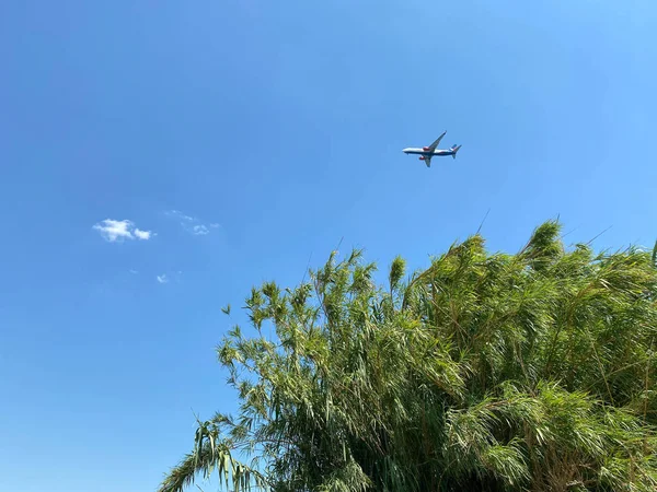 Vliegtuig Blauwe Lucht Bewolkt Het Passagiersvliegtuig Een Achtergrond Van Donkerblauwe — Stockfoto