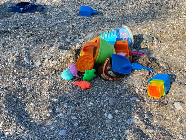 Brinquedos Infantis Para Brincar Caixa Areia Baldes Moldes Com Pás — Fotografia de Stock