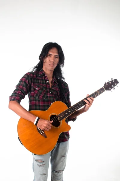 Long hair guy playing guitar acoustic — Stock Photo, Image