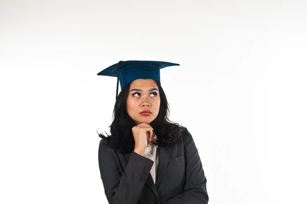 Mulher graduada confundindo sua futura carreira — Fotografia de Stock