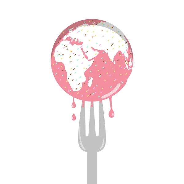 ピンク振りかける地球のケーキとフォークの孤立した漫画 — ストックベクタ