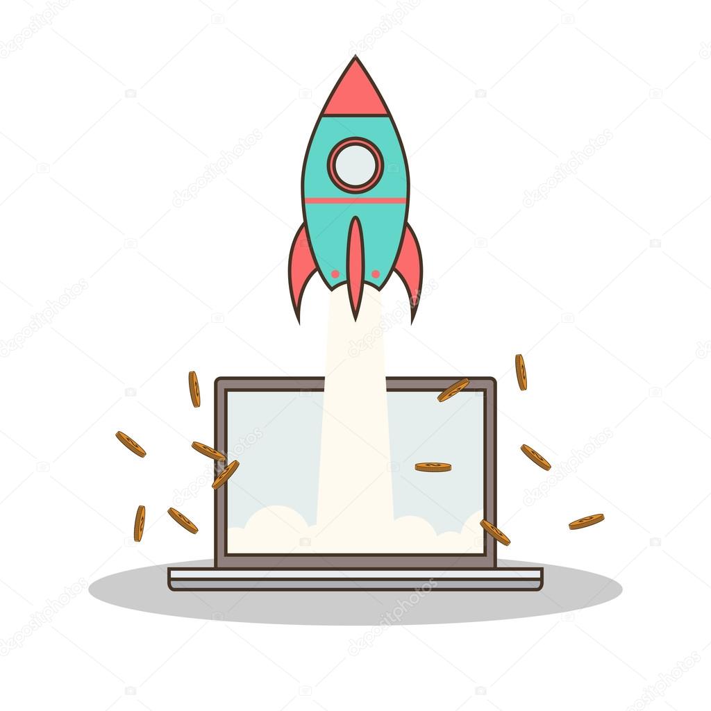 Isolated cartoon rocket and laptop online start up