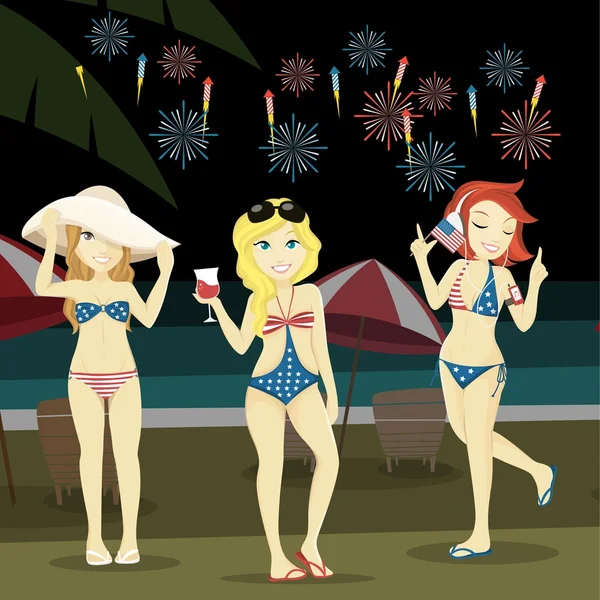 Tres sexy chica celebrando el 4 de julio en un bikini de playa — Vector de stock