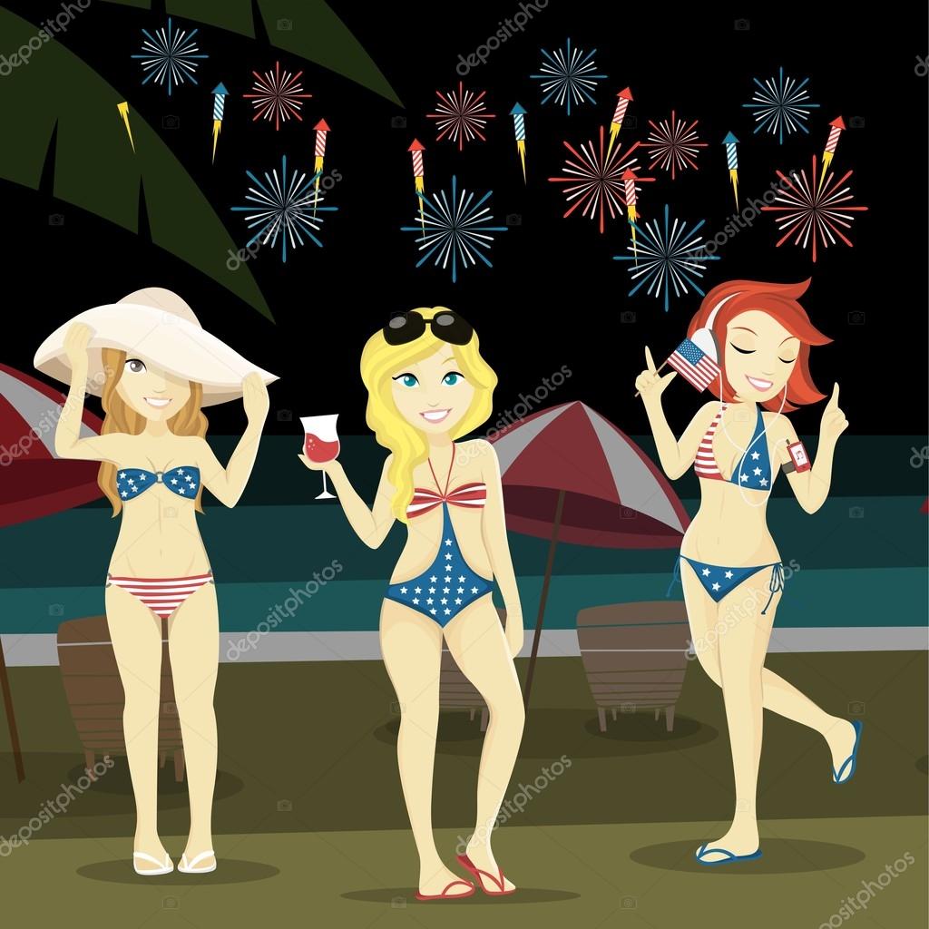 Three sexy girl celebrating 4th of july on a beach wear bikini