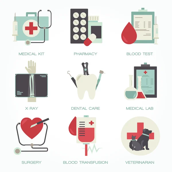 Conjunto de iconos plano médico y hospitalario — Vector de stock