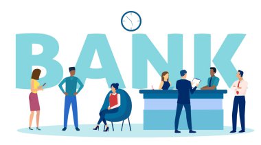 Finans memuru ya da katip tarafından yardım edilmek üzere banka şubesinde kuyrukta bekleyen müşteri temsilcisi