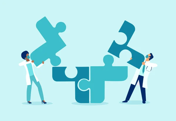 Vector Two Doctors Putting Puzzle Pieces Together Symbol Team Work — Stock Vector