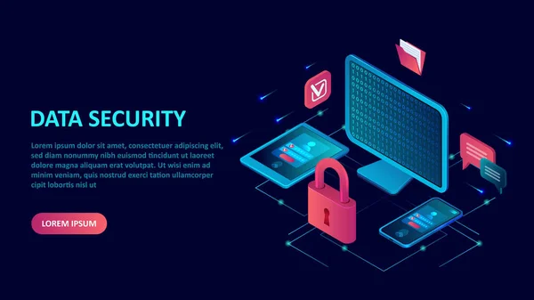 Concepto Seguridad Protección Internet Datos Vector Isométrico Ordenador Dispositivos Móviles — Archivo Imágenes Vectoriales