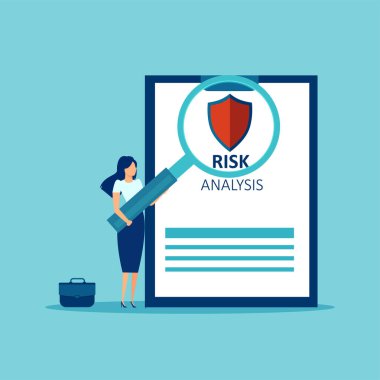 Risk analizi konsepti. Büyüteci olan bir iş kadınının vektörü yatırım risklerini analiz ediyor. 