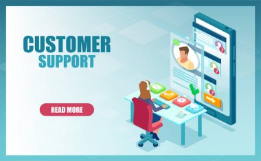 Müşteri çağrı merkezi destek konsepti. Bir yardım hizmetinin vektörü bir kadının online bir işadamına yardım etmesi