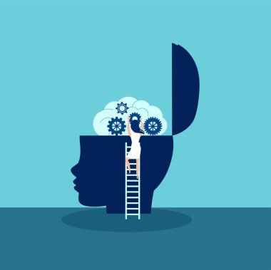 Çocuk akıl sağlığı konsepti. Çocuk beynini incelemek için merdivene tırmanan bir kadın doktor. 