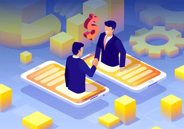 Vetor Dois Empresários Handshaking Ter Negócio Line Através Tecnologia Aplicativos — Vetor de Stock
