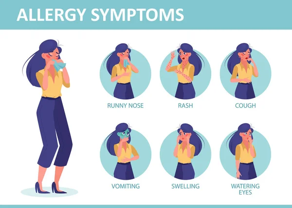 Objawy Alergii Infograficzne Wektor Kobiety Objawami Alergii — Wektor stockowy