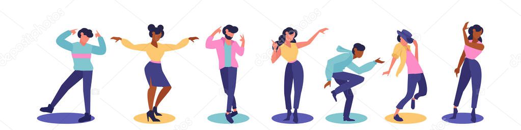 Vector of young happy dancing people isolated on white background. 