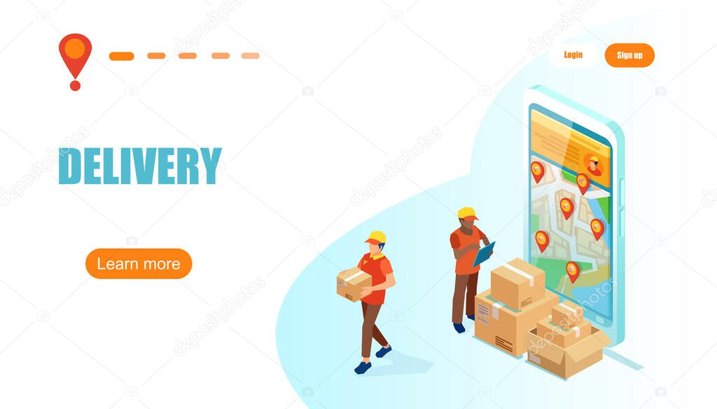 Delivery and shipping concept. Vector of a courier men standing near the boxes and a smartphone with map holding parcel being delivered to a customer