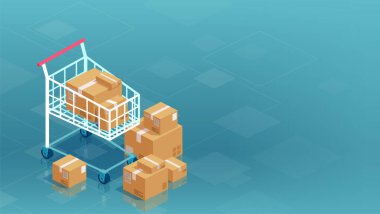 Mavi arka planda karton kutular ve alışveriş arabası taşıyıcısı. 