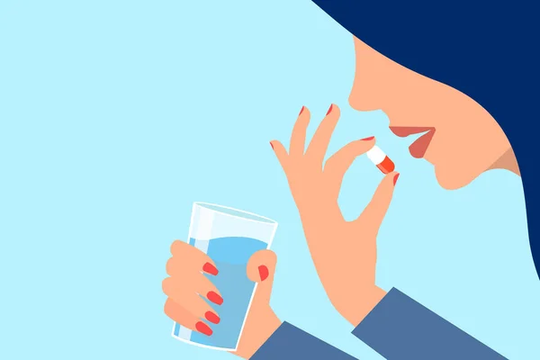 Vector Una Mujer Joven Tomando Sus Pastillas Con Vaso Agua — Vector de stock