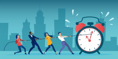 İş adamlarından oluşan bir grubun vektörü bir iple saatleri kontrol ediyor. Zaman yönetimi son teslim tarihi kavramı 