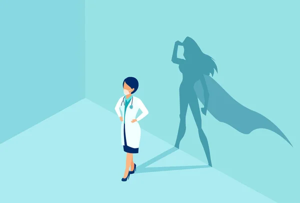 壁にスーパーヒーローの影を持つ自信のある女性看護師や医師のベクトル — ストックベクタ