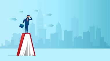 Bir iş adamının vektörü bir kitabın üzerinde duruyor ve geleceğe bakıyor